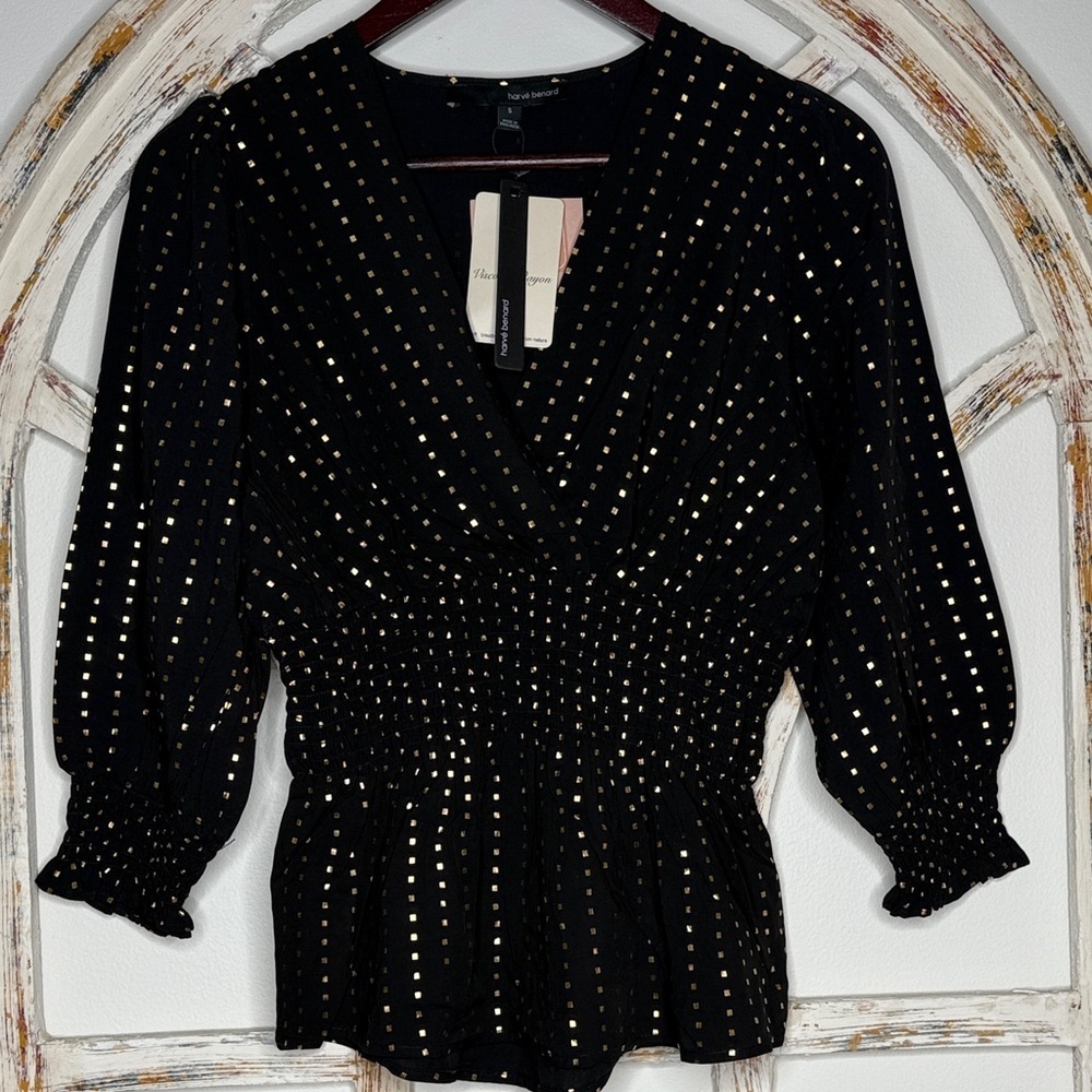 Harve Benard Black and Gold Polka Dot Blouse